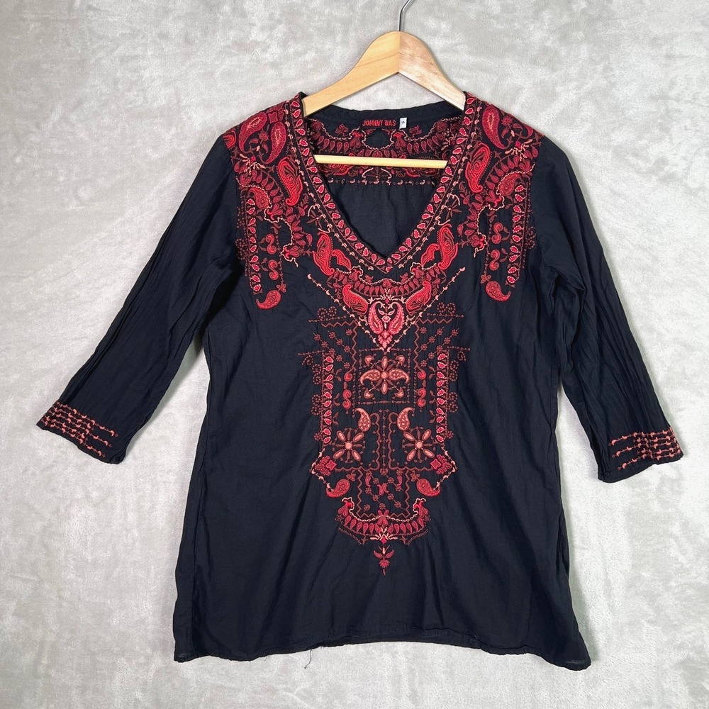 Johnny Was Tunic Small V Neck Black Red Paisley Cotton Embroidered Boho Top